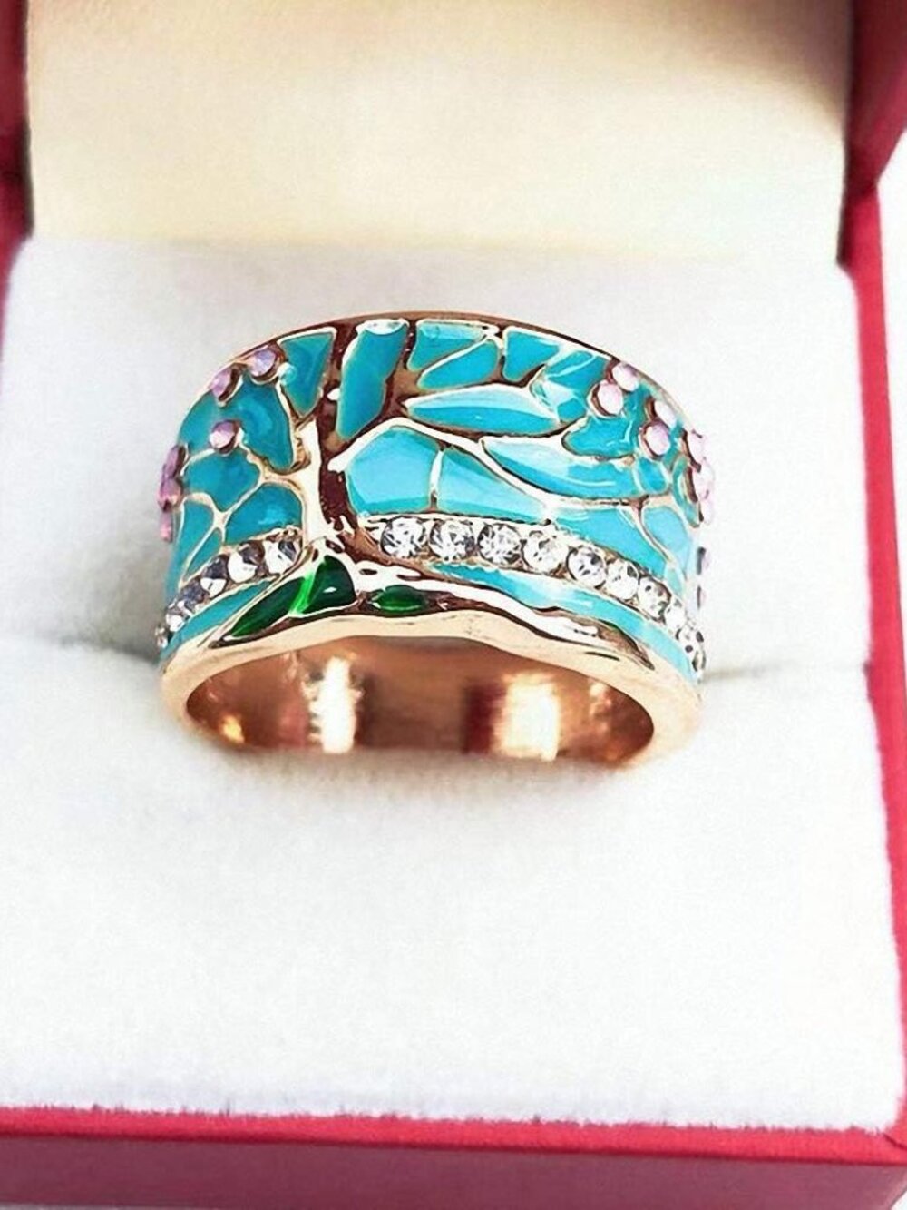 Lucky Flower Tree Rings Gold Pink Opal Green Enamel Wide Ring for Woman Party Cr - Picture 4 of 6